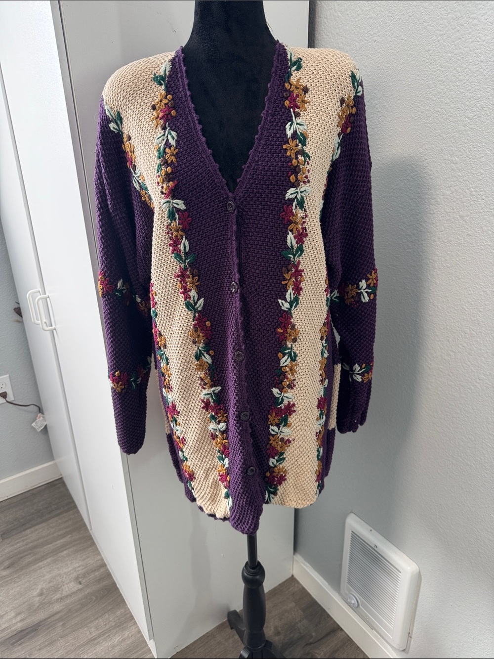Christopher & Banks Purple and Cream Embroidered Button-Front Cardigan